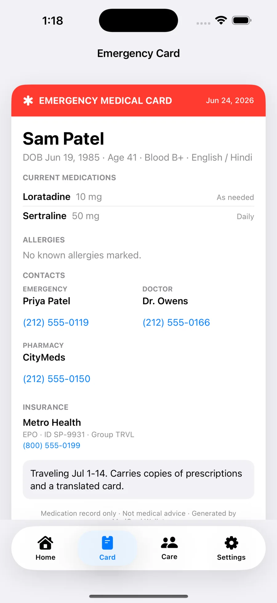 MedCard Wallet emergency medical card with medications, allergies, contacts, pharmacy, and insurance