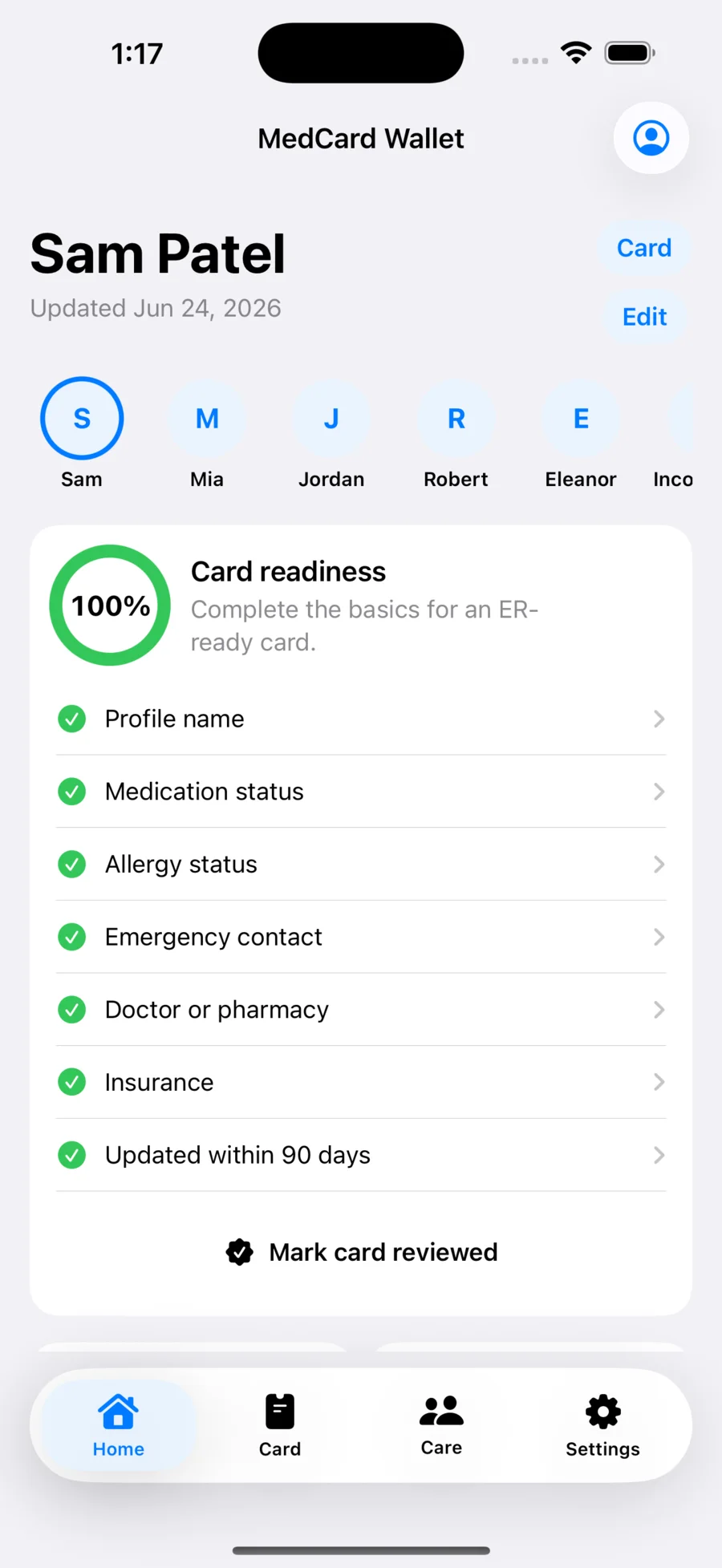MedCard Wallet home screen showing medical profile readiness and missing details