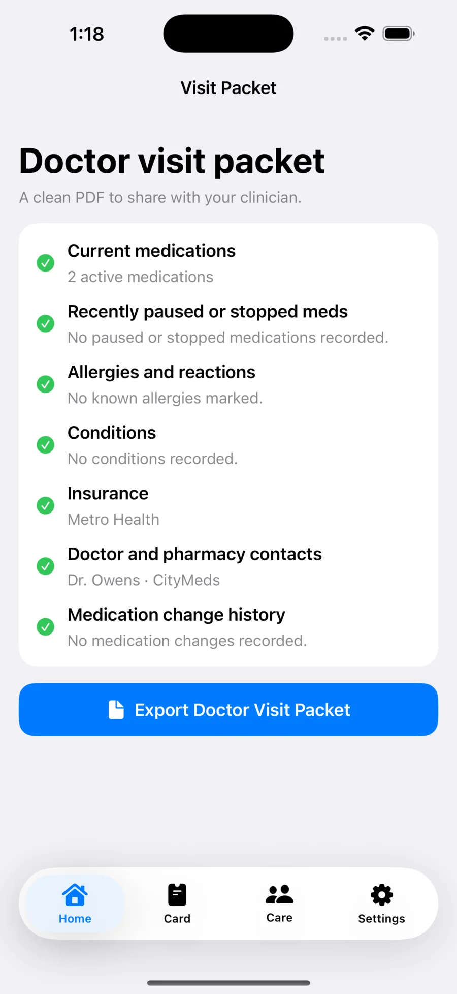 MedCard Wallet visit packet screen for creating a medical information PDF